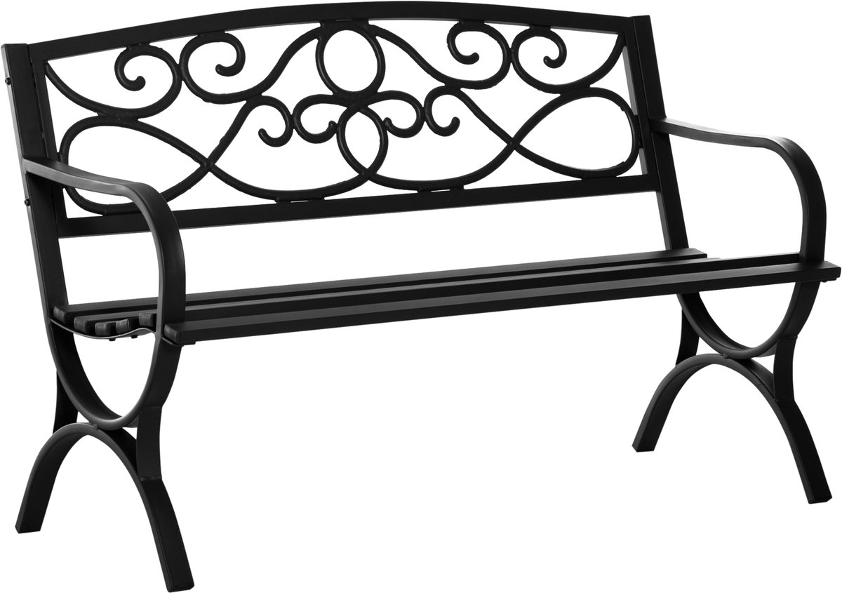 Tuinbank, 2-zits, buitenbank, terras, terras, schuine rugleuning, lattenbodem, armleuningen, comfortabel, gietijzer, staal, 128 x 58,5 x 85 cm, zwart