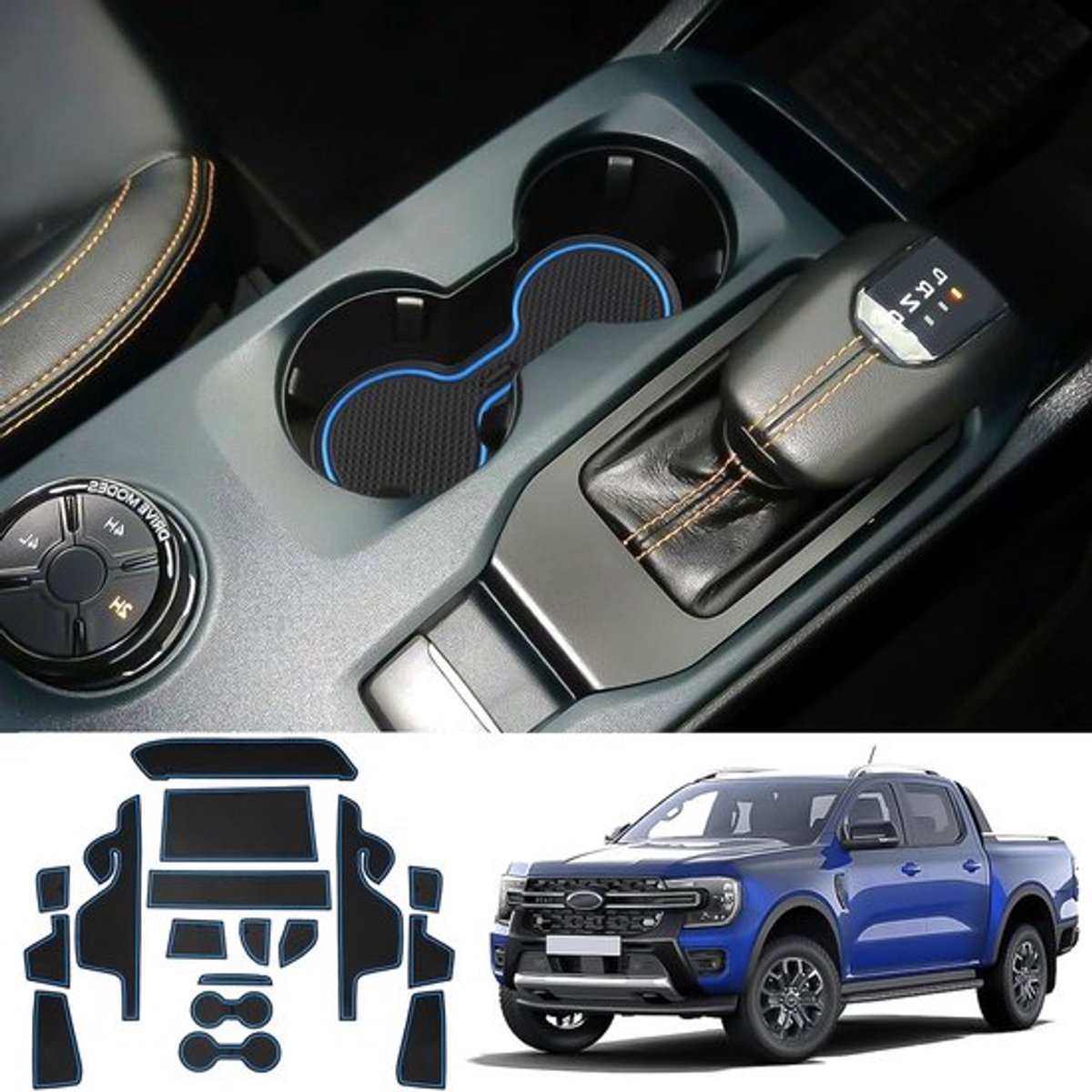 Anti-slip rubberen matten voor Ford Ranger T9 2023 2024 - Console, Deur en bekerhouder, niet-slip oplossing voor optimale grip en bescherming