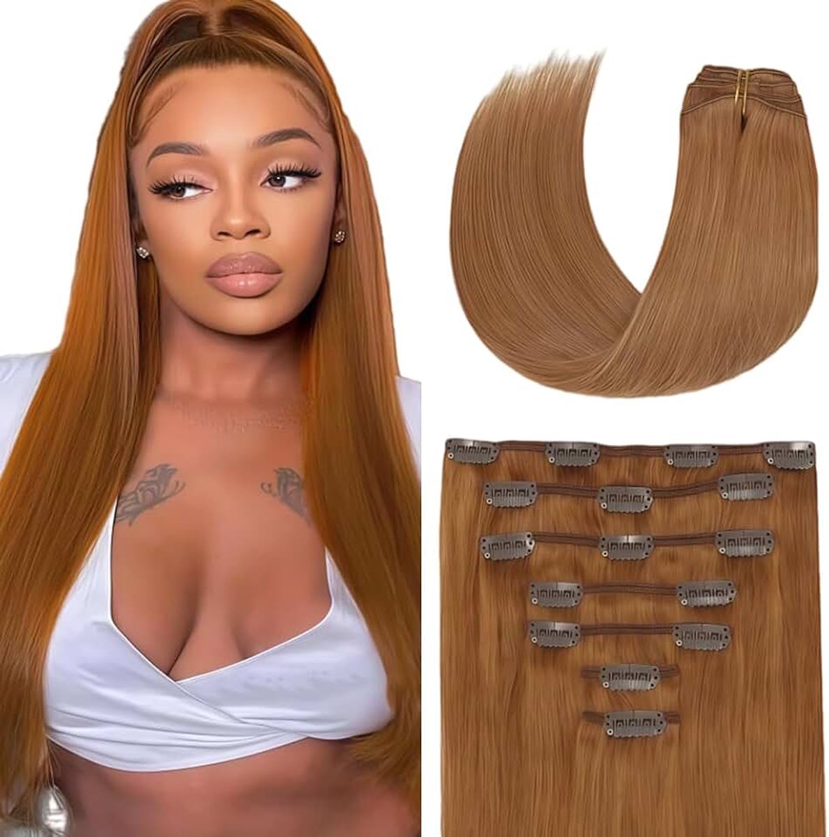 Haar Verlengingsklem Straight #30 Light Brown Unprocessed Double Weft Weave Knotless Soft and Silky For Women Seamless Clip In Hair Extension 7pcs 12Inch/30cm