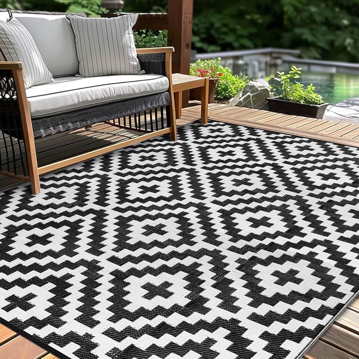 Terras Plastic stro tapijt, 1,2 x 1,8 m, zwart wit | Waterdicht, omkeerbaar, voor camping RV veranda balkon dek camper