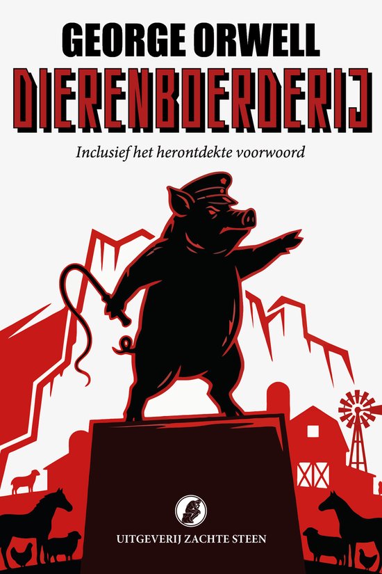 Couverture du livre 'La Ferme des animaux' avec un cochon noir en uniforme militaire sur un podium. Silhouettes d'animaux de ferme au premier plan.