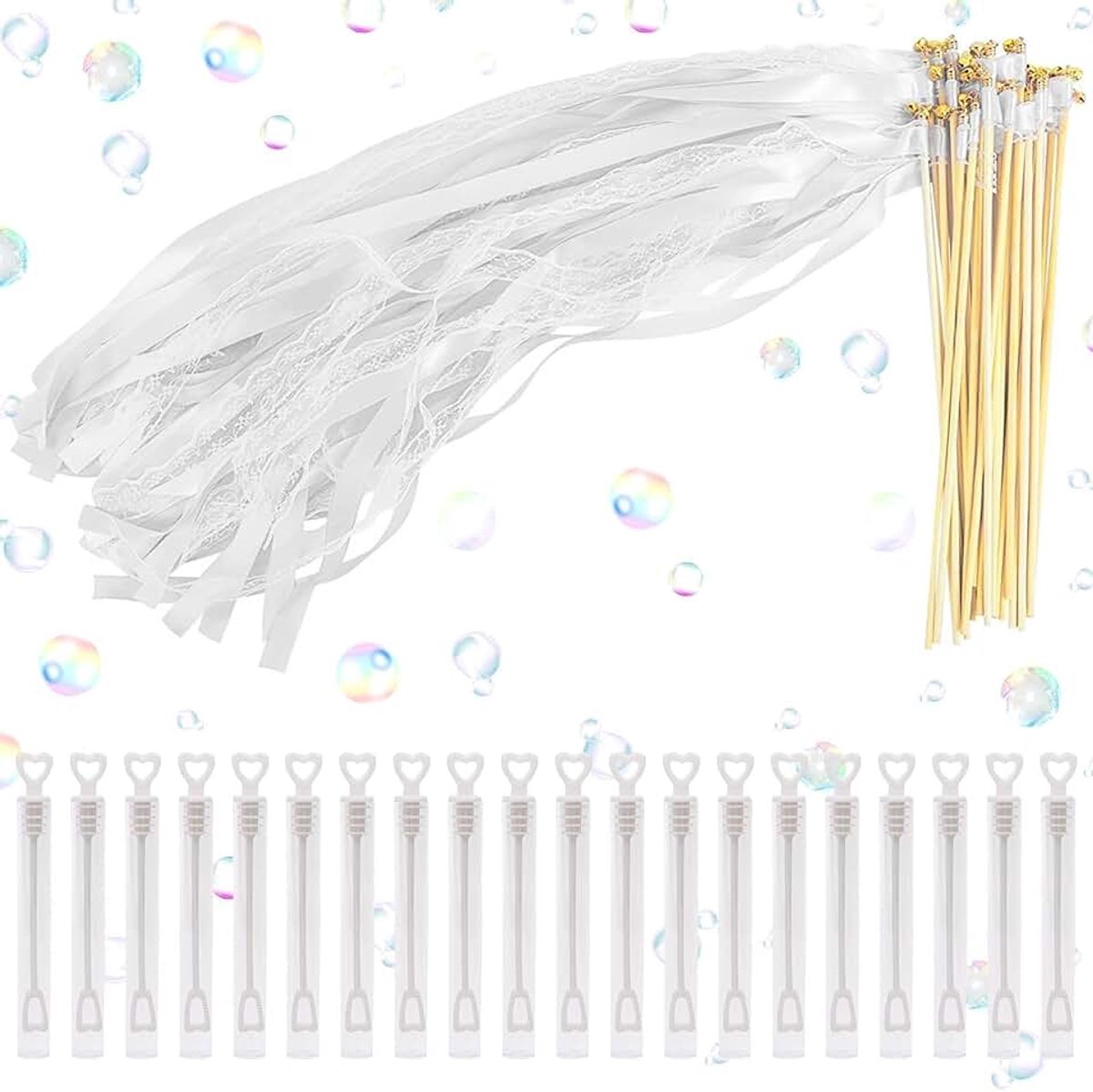 Bruiloftstokjes, 20 stuks toverstaven met klokken, 20 mini-zeepbellen, wit, bruiloft, toverstaven, bruiloft lint stick voor bruiloft, feest, verjaardag, cadeautje