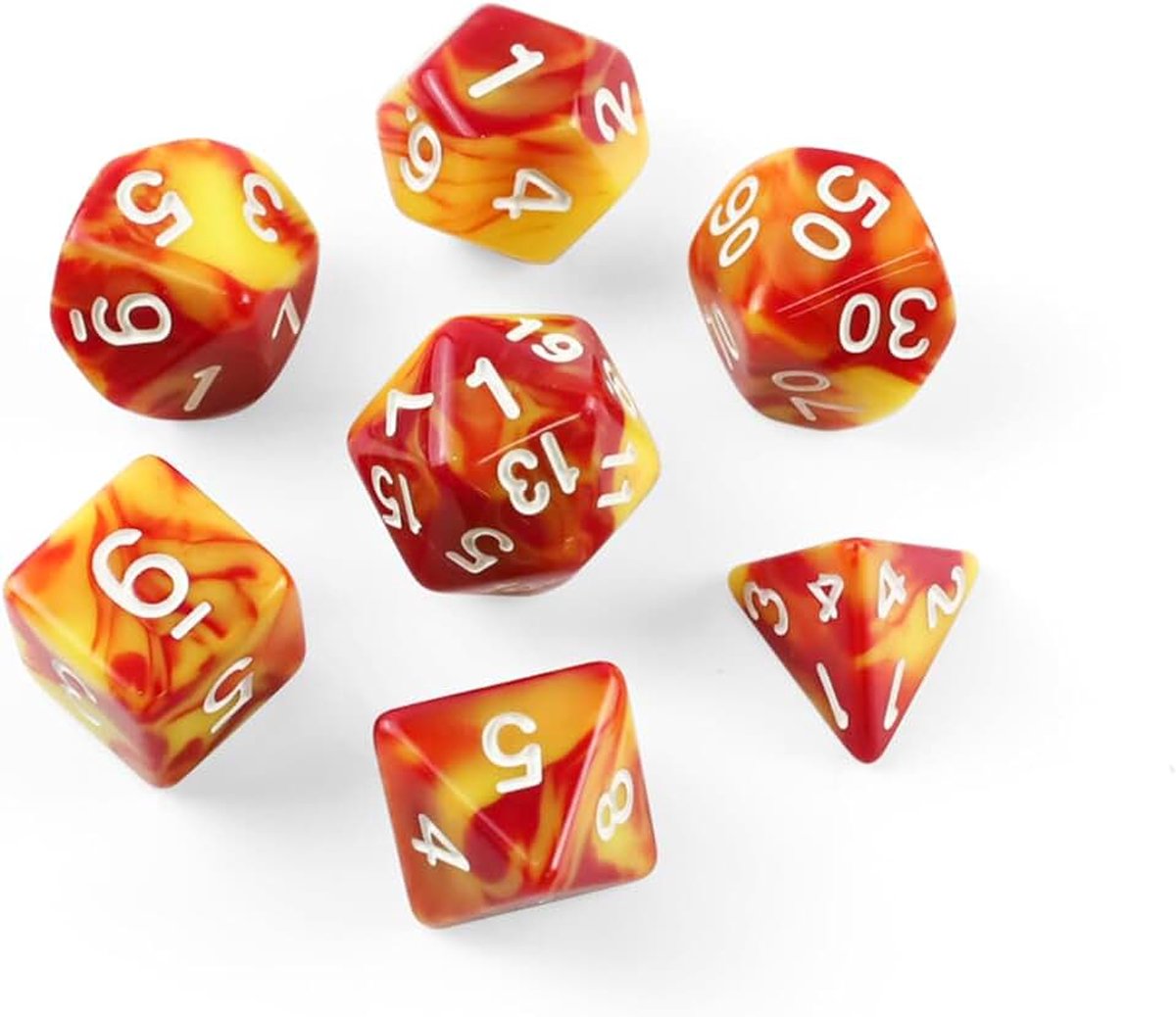 7 stuks polyedrische dobbelstenen, DND roodgeel