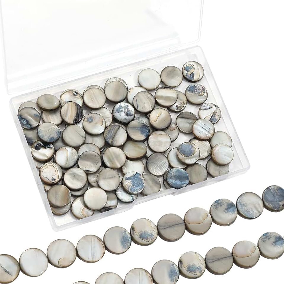 1 Doos 15mm 110Pcs 4 Strengen Platte Schelpen Kralen Shell Munt Kralen Blauw Natuurlijk Zoet Water Conch Oceaan Strand Hawaii Dangle Losse Spacer voor Ambachten Sieraden Maken Charms