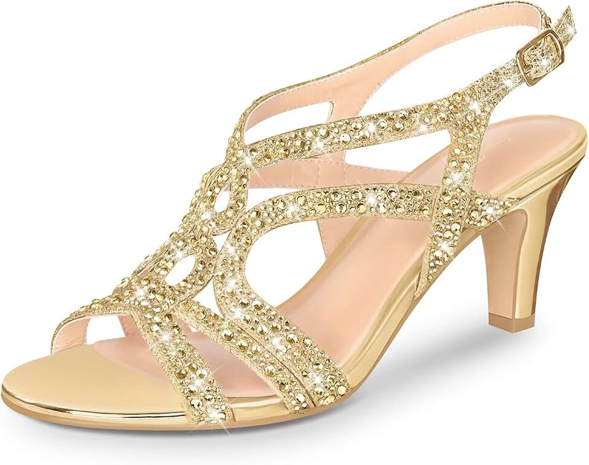 Amelia Sandalen Dames Zomer Elegante Comfortabele Slingback met Kittenhak Glitter Strass Open Teen Bruiloft Schoenen voor Bruid en Feest Goud EU 37