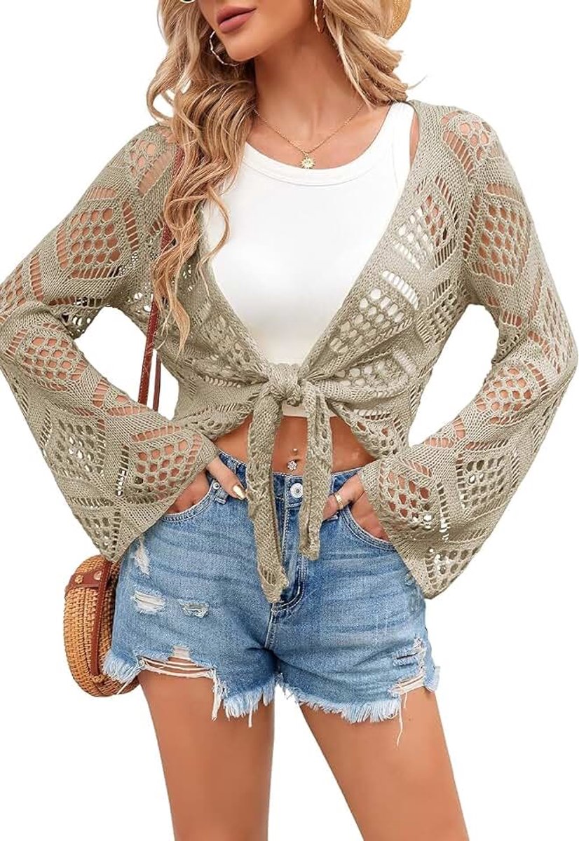 Dames zomer gebreide jas V-hals boho tops oversized lange mouwen gebreide trui sexy gehaakt cardigan strand bikini cover up