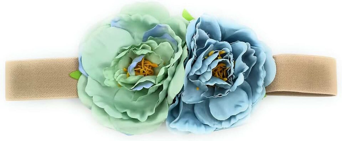Bloemenriem voor feestjurken vrouwen, elastische riem met kunstbloemen, Maxi bloemen Ø 10 cm - mintblauw, se estira hasta la talla 40-42