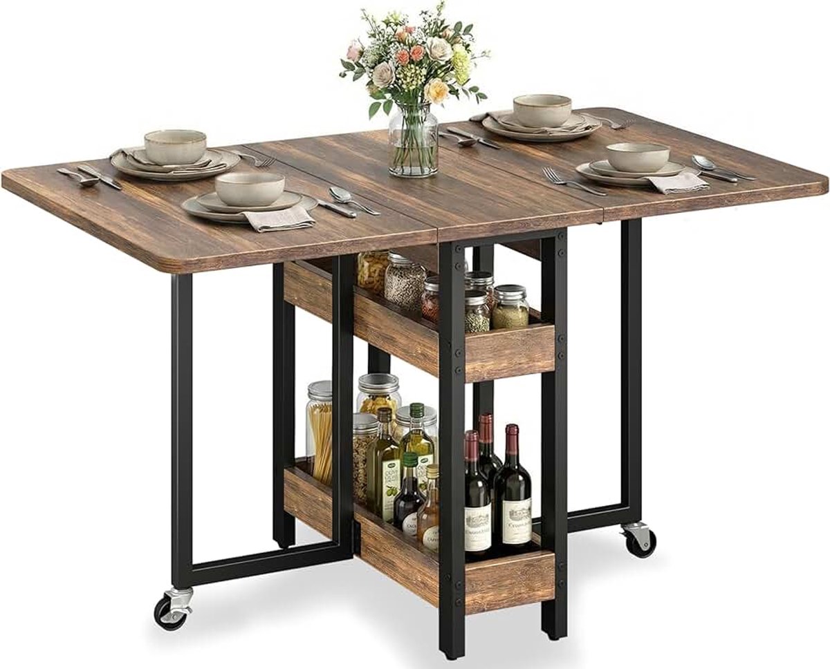 Mobiele opvouwbare eettafel met 2 legplanken, voor 4 tot 6 personen, ideaal voor kleine ruimtes, gesloten ruimte: slechts 0,218 m³, voor keuken en huis, 133 x 80 x 75 cm