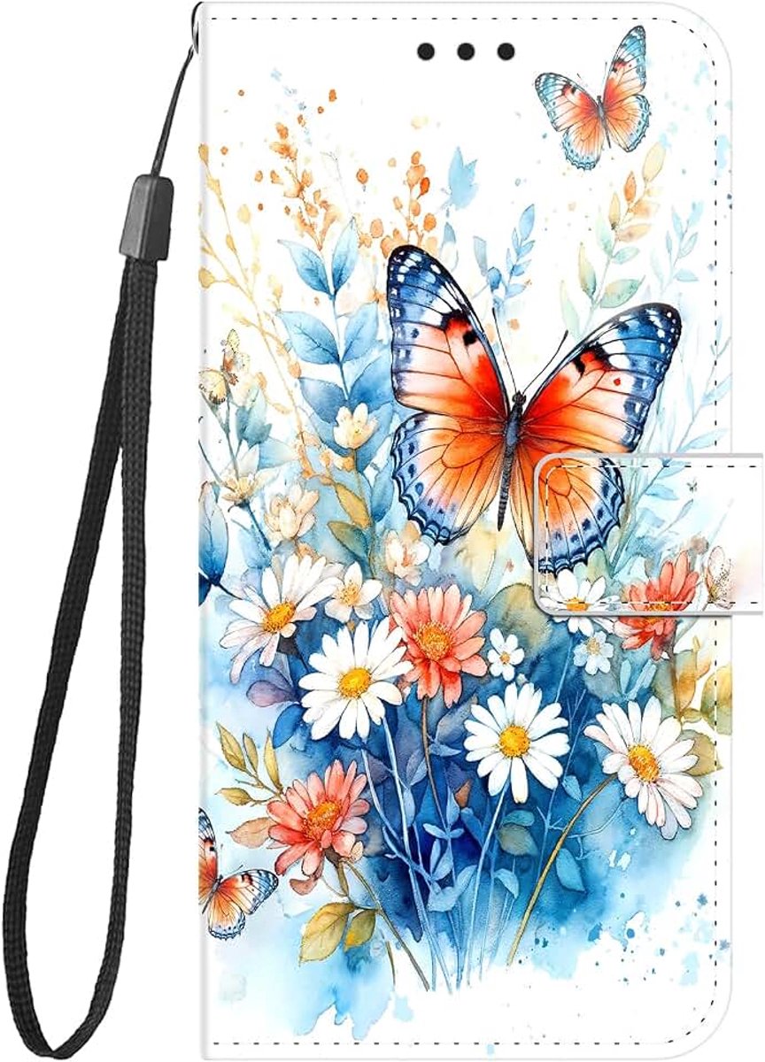 Klaphoesje voor Samsung Galaxy A57 5G, 360 graden beschermhoes, siliconen portemonneehoesje, schokbestendig, schattig hoesje met kaartsleuven en magnetische sluiting - Daisy Butterfly
