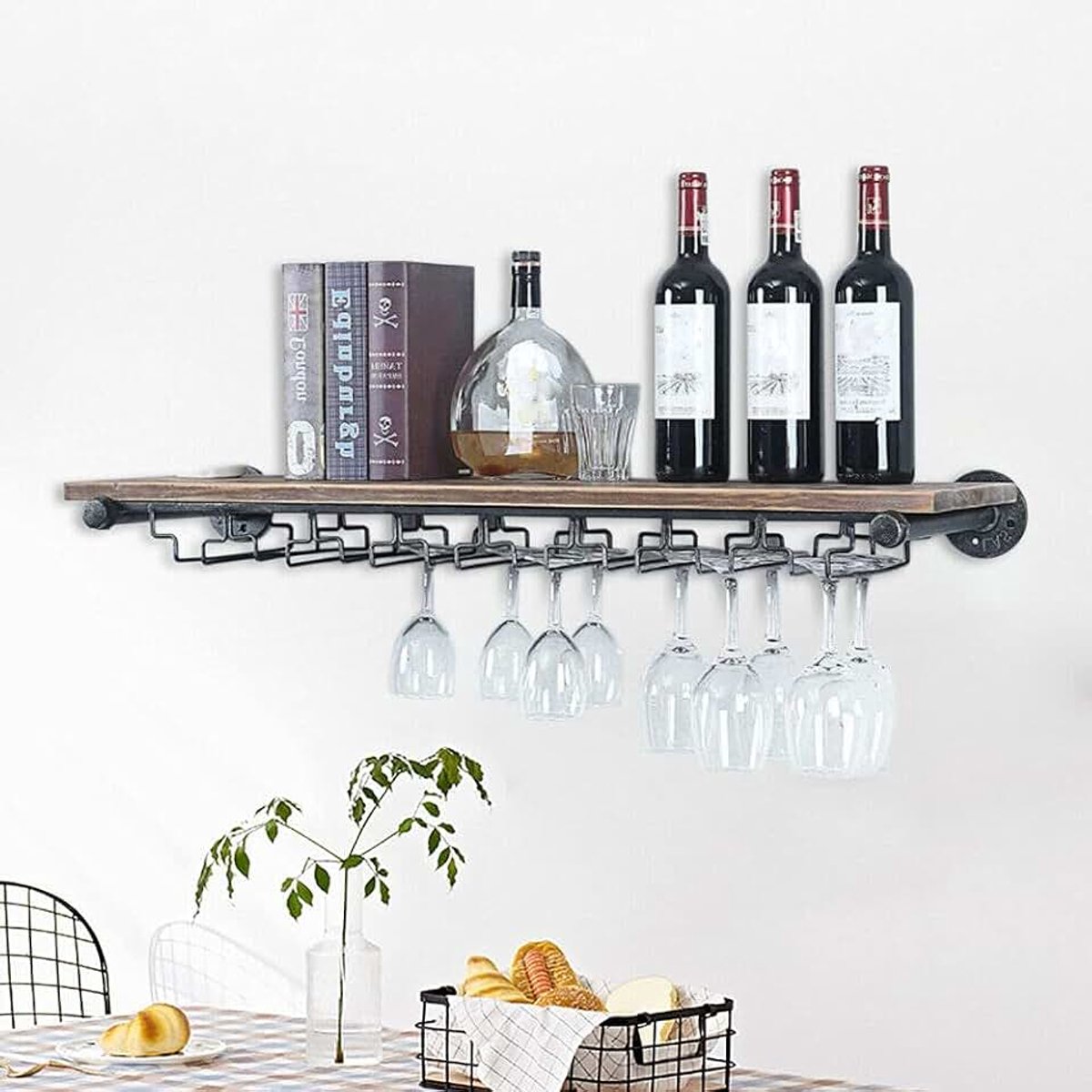 Wijnrek voor wandmontage, keuken, bar, display, hangrek, hout, wijnrek (houtkleur)