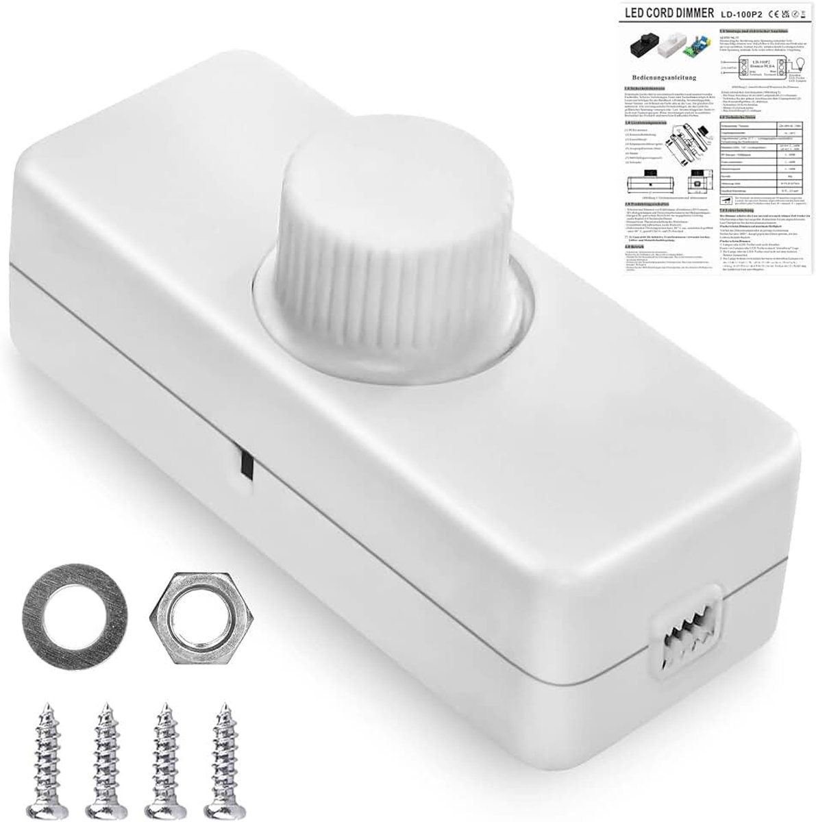 Led-dimmer, 220-240 VAC/50 Hz, dimschakelaar voor ledlampen, 3-100 watt leds, snoerdimmer, snoerdimmer voor dimbare lamp en halogeenlamp (wit)