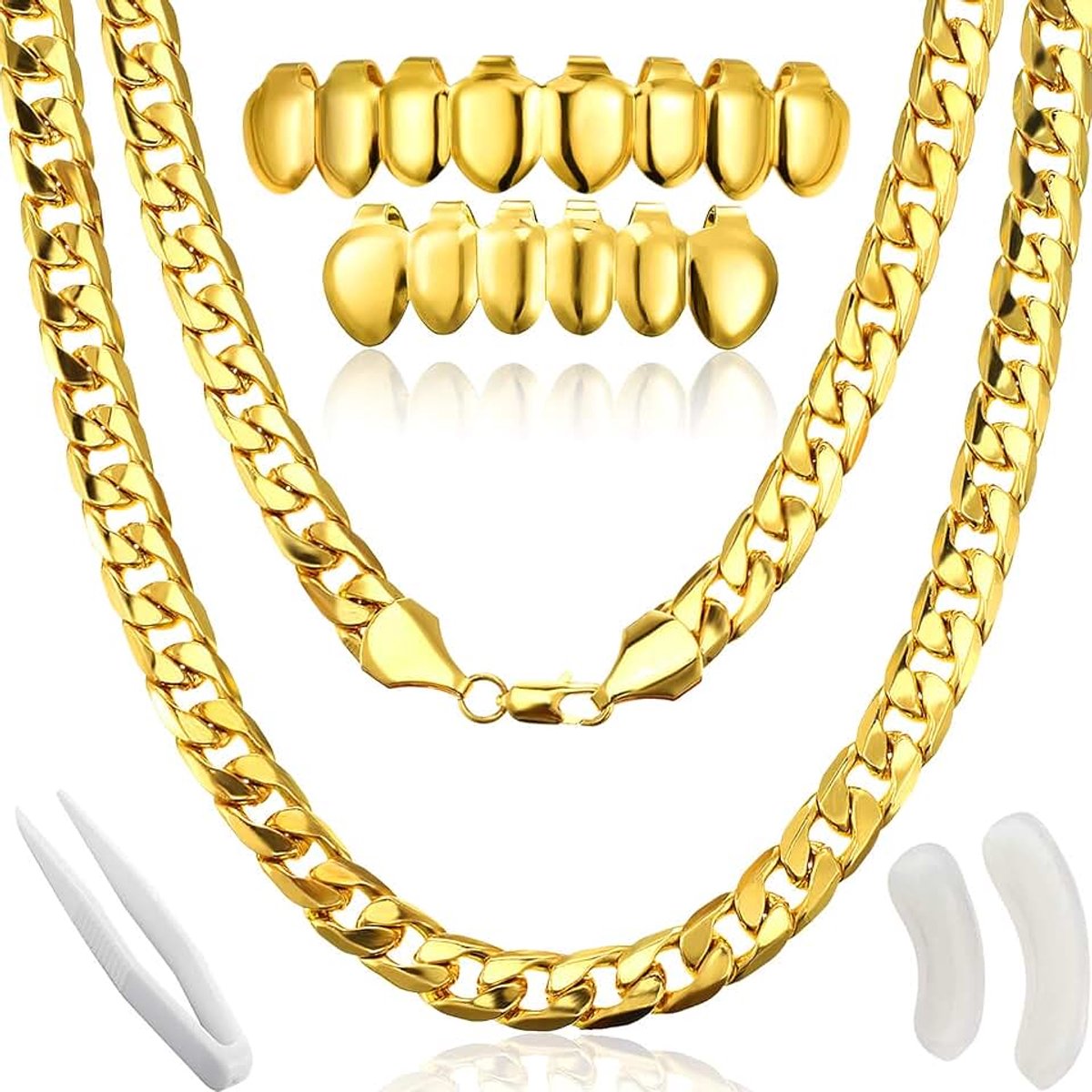 Hip Hop rapperkostuum, faux gouden ketting, halsketting, klonterige halsketting met verguld goud, voor mond en onderkant, hiphop-tanden, jaren 80/90 punk/hiphop/rapperkostuum, siliconen,