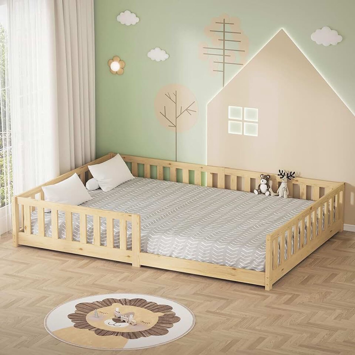 Kinderbed 140x200 cm wit Vloerbed voor Kinderen met stevig Lattenbodem en Valbeveiliging Massief Grenenhouten Juniorbed Peuterbed Babybed Eenpersoons Bedframe voor Jongens en Meisjes