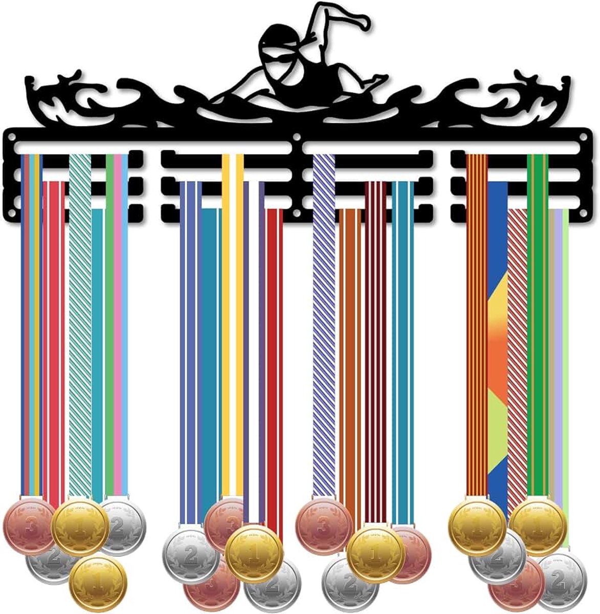 Zwemmen medaillehouder display award lint hanger met 12 aparte haken sport ijzeren medaille rek voor wandmontage opknoping 60+ awards linten organisator running race zwart 30 x 15,9 cm