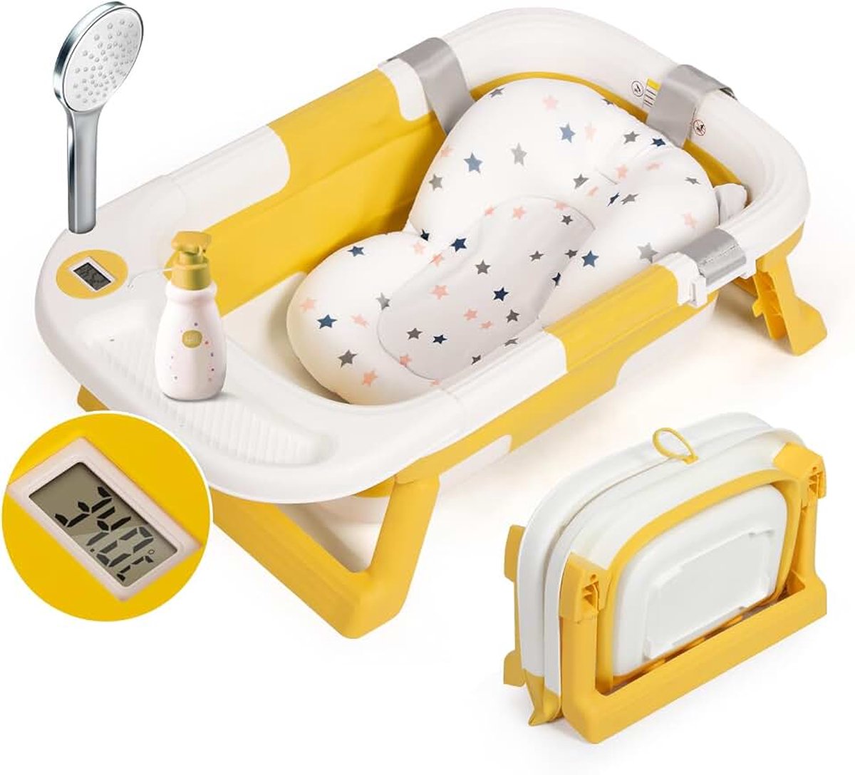 Opvouwbaar babybad met badkussen, babybad met draagbare digitale reisthermometer, inclusief dienblad, essentieel voor baby's van 0 tot 36 maanden