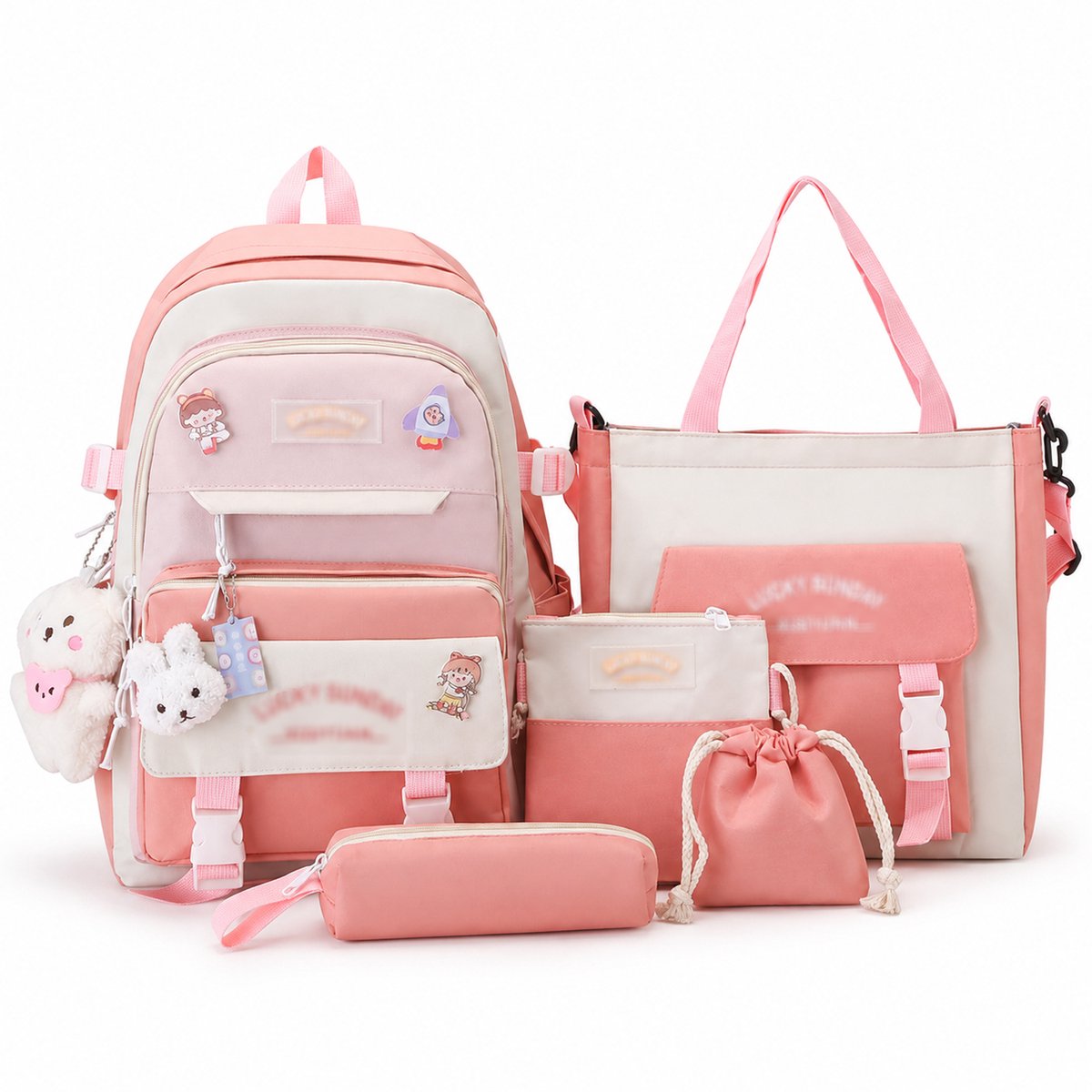 Schooltas Set - 5 Delig Kawaii Rugzak - met Lunchtas, Pennenzak en Accessoires - voor Tiener Meisjes - Roze