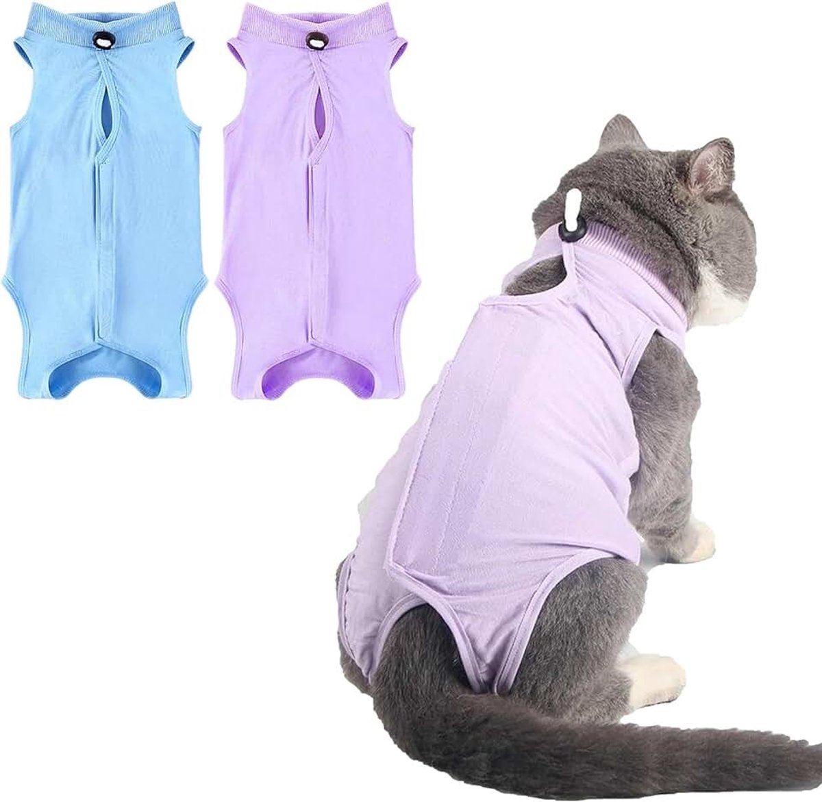 Herstelpak voor katten, 2 stuks voor na een operatie, anti-lik kattenonesie, ademende, zachte chirurgische herstelkleding voor katten, kittens, alternatief voor halsband en kegel (paarsblauw, M)