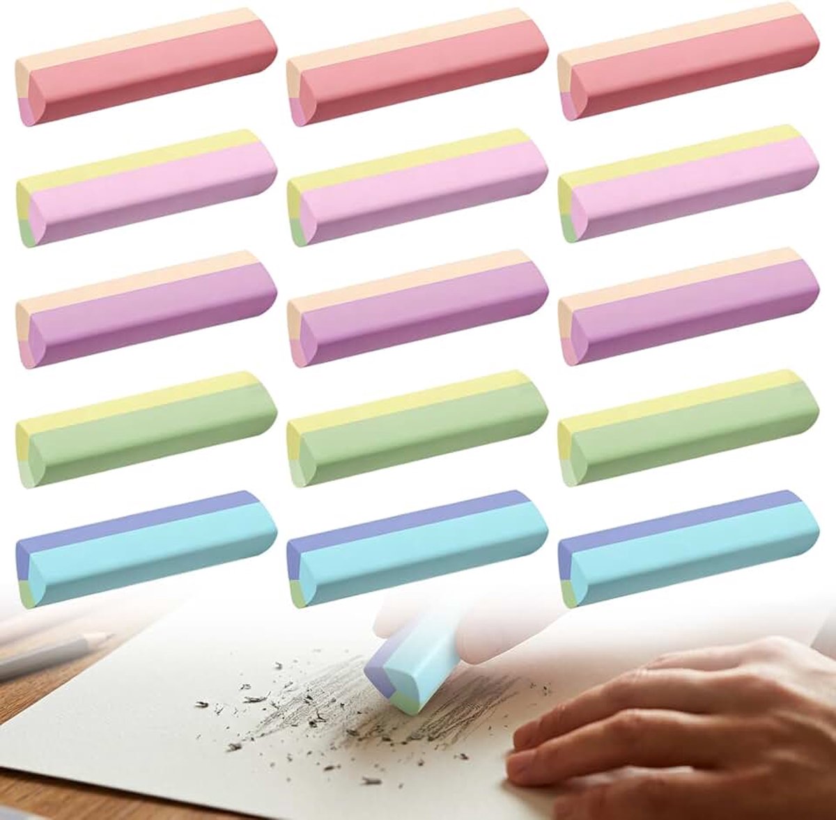 15-piece triangular erasers, bright colors, school supplies, stationery, soft eraser pens, erasers for children, party favors, schools and offices, drawing erasers