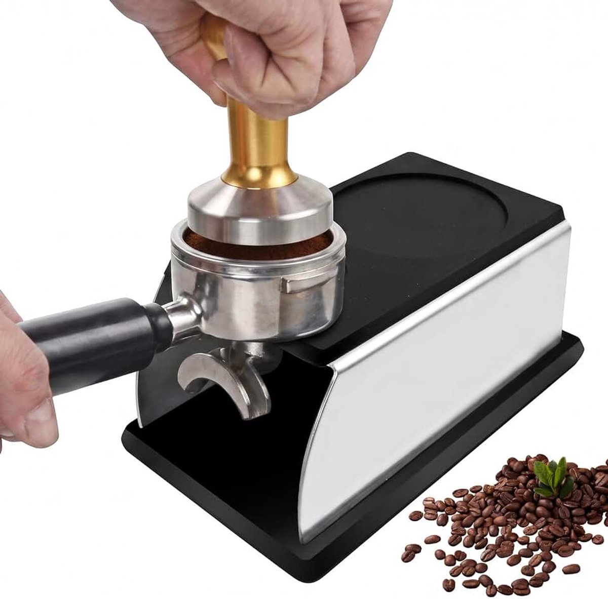 Tamperstation van roestvrij staal en siliconen, zeefhouder, tamperstation, 14,3 x 9,3 x 5,5 cm, koffie, tamping station, koffie, tamperhouder, zwarte filterhouder, tamperhouder voor barista