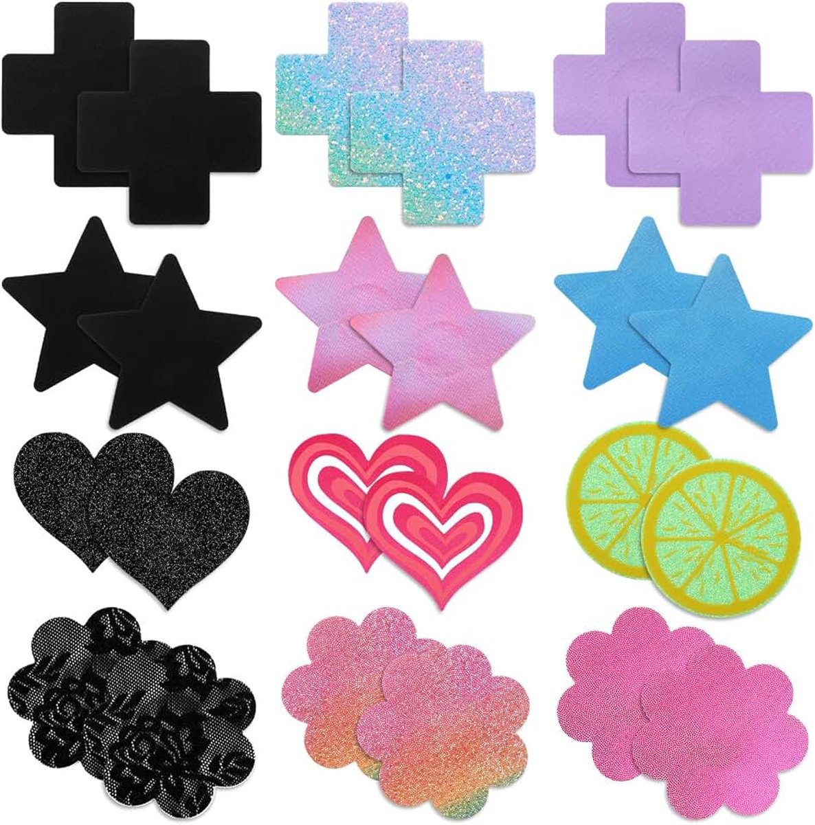 12 paar Glitz Pasties Pack rave tepelafdekkingen, stickers, zelfklevende tepelafdekkingen, onzichtbaar en dun, voor vrouwen en meisjes, kruisvorm, glitter, bloemblaadjes, meervoudig design