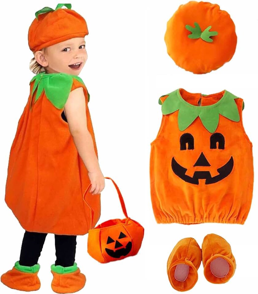 Pompoen Baby Kostuum, Schattig Peuter Pompoen Kostuum, Pompoen Kostuum Set met Hoed, Kleren, Schoenen en Pompoen Handtas, Oranje Halloween Pompoen Kostuum