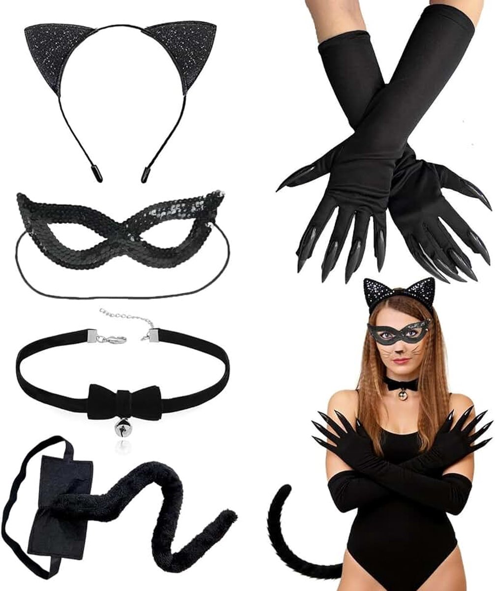 5-delig kattenkostuum voor dames, volwassenen | Zwart kattenkostuum met haarband met kattenoren, staart, halsketting, masker, handschoenen, voor Halloween, carnaval, cosplay