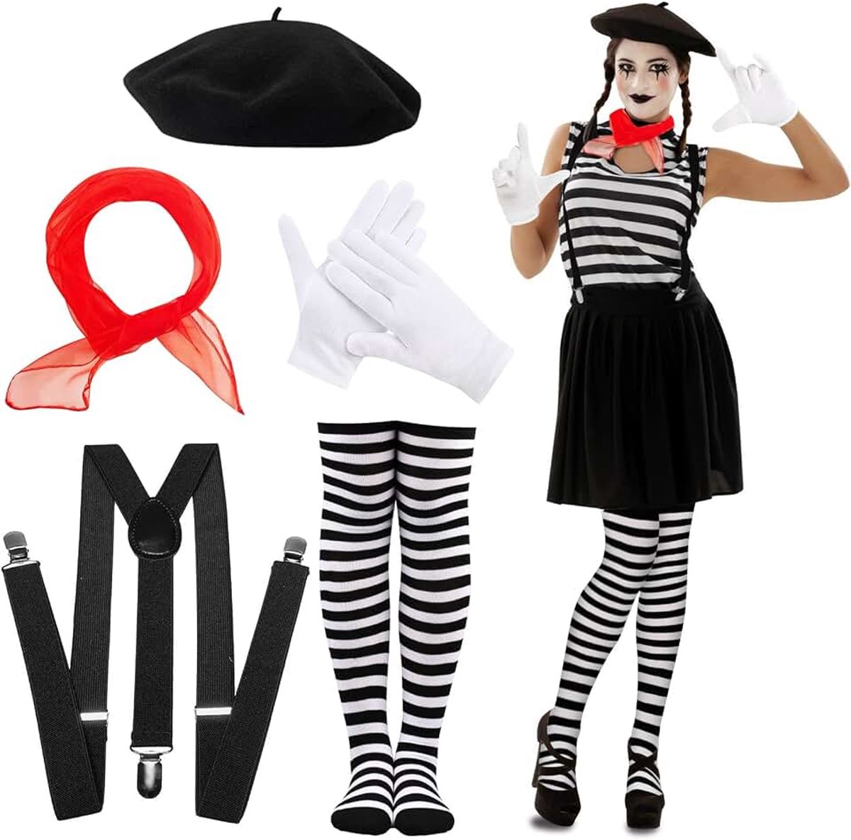 Mimo-kostuum voor dames, met zwarte muts, witte en zwarte gestreepte sokken, witte handschoenen, pantomima-kostuum voor dames, cosplay-kostuum voor volwassenen, voor carnaval, Halloween
