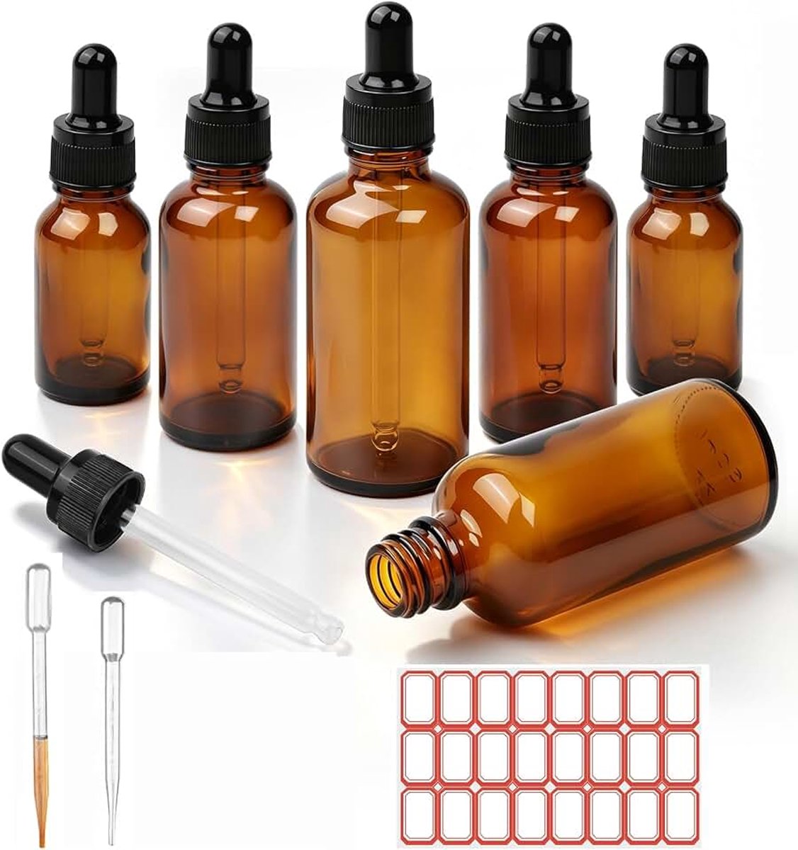 6 stuks pipetflessen van bruin glas met glazen pipet, 2 x 50 ml/30 ml/15 ml, inclusief 2 reservepipetten en labelset, apothekerflessen voor etherische oliën, parfumoliën, aromatherapie