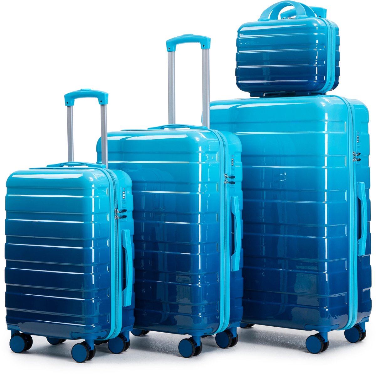 Kofferset 4-Delig - Hardcase Reiskoffer met Cosmetische Tas - Cijferslot - 360° Wielen - 14/20/24/28 Inch - Blauw