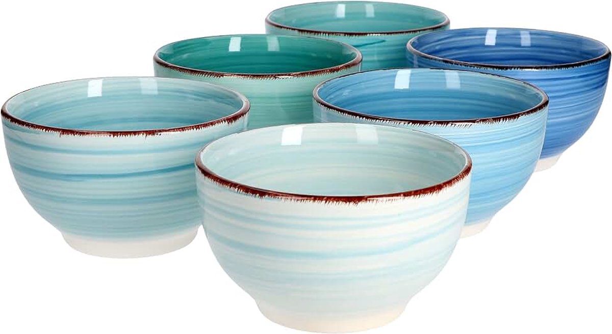Blue Set van 6 muesli-kommen, blauw, robuuste aardewerk kommen voor 6 personen, mueslischaal en bijgerechtskom met modern wervelpatroon, blauwe muesli-kom 650 ml, 6 stuks