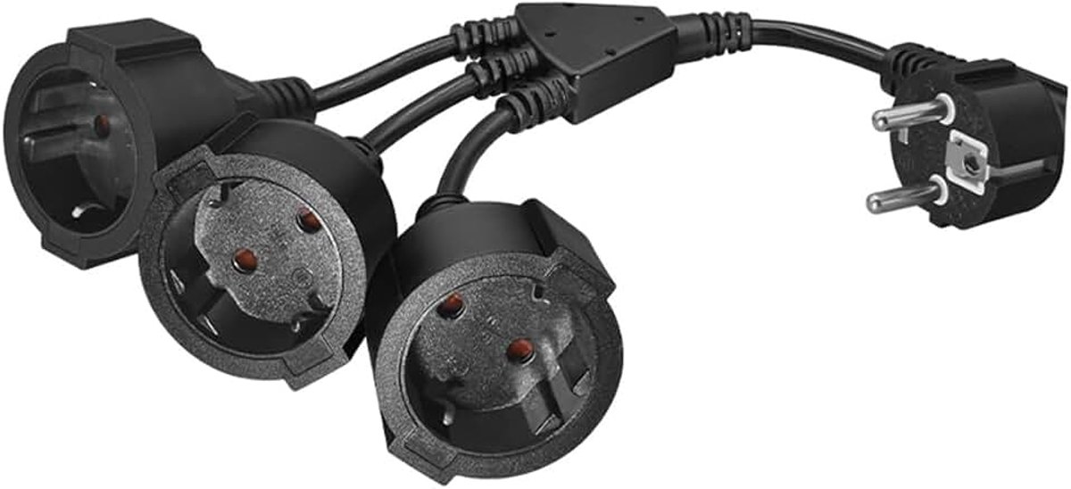 Schuko 1-op-3 stopcontactverdeler verlengsnoer, stroomkabel met Euro Schuko-stekker naar 3X Schuko-stopcontacten Y-verdelersnoer (hoekstekker 1-op-3, 16A/250V, Zwart