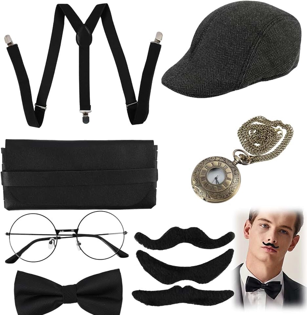 Sofun Jaren 20-kostuumaccessoires – kostuumaccessoireset voor heren (brons-kwartshorloge + zwarte pet + retro bril + 3 nepbaarden + stropdas + bretels), ideaal voor maffia-outfit uit de jaren 20