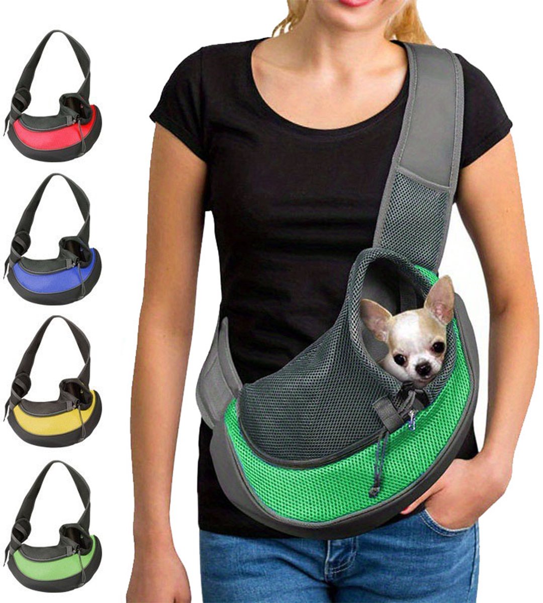 Casalora® Draagtas voor huisdieren (sling) - Huisdierdrager - Hondendraagzak - Zacht, ademend gaas - Verstelbare schouderriem - Groot - Geschikt voor katten/puppy's tot 4 kg - Groen