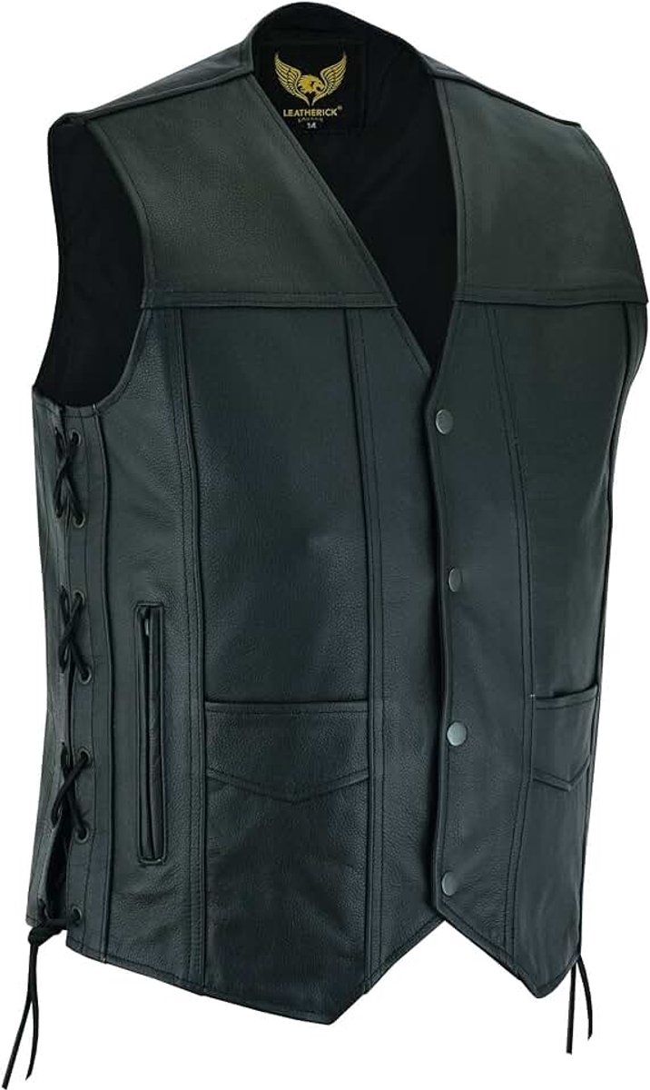 Heren gilet van echt leer van echt leer, zwart klassiek vest met veters aan de zijkant en verborgen draagtassen - Zwart