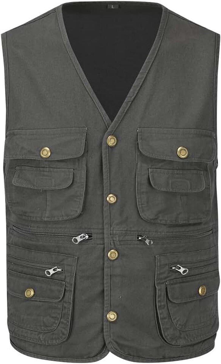Mannen Multi Pocket Gilet Outdoor Vissen Vest Katoen Fotografie Jacht Safari Vest Utility Mouwloze Jas