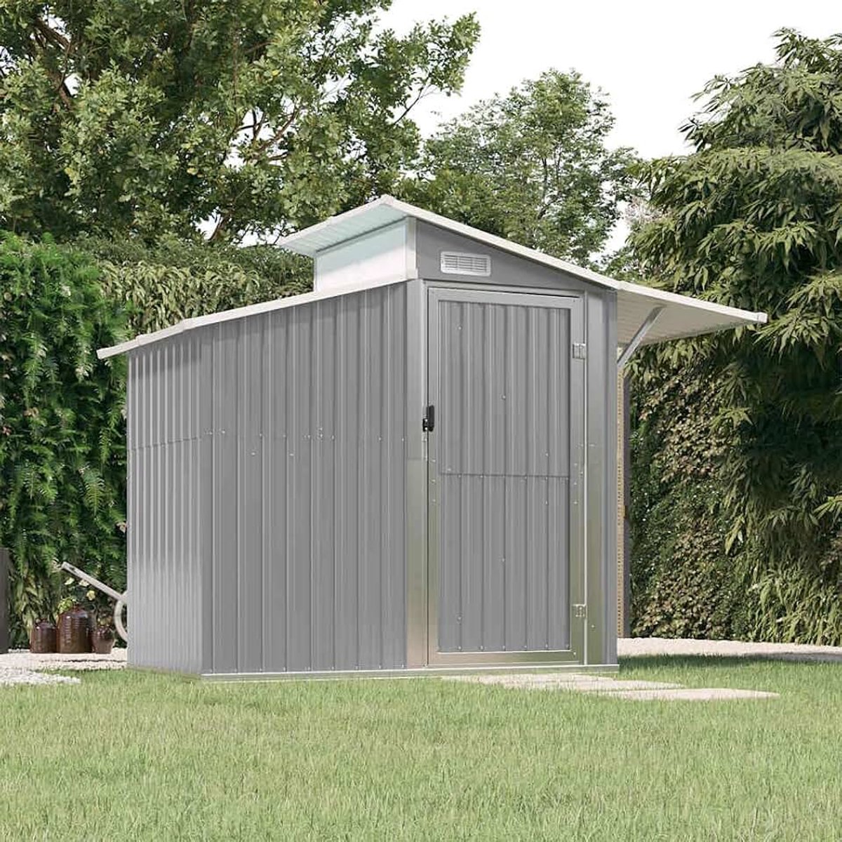 Grijs, 270 x 130 x 208,5 cm, verzinkt staal | Gereedschapsopslag voor buiten, deur met handgreep, geïntegreerde ventilatie, transparant dakpaneel