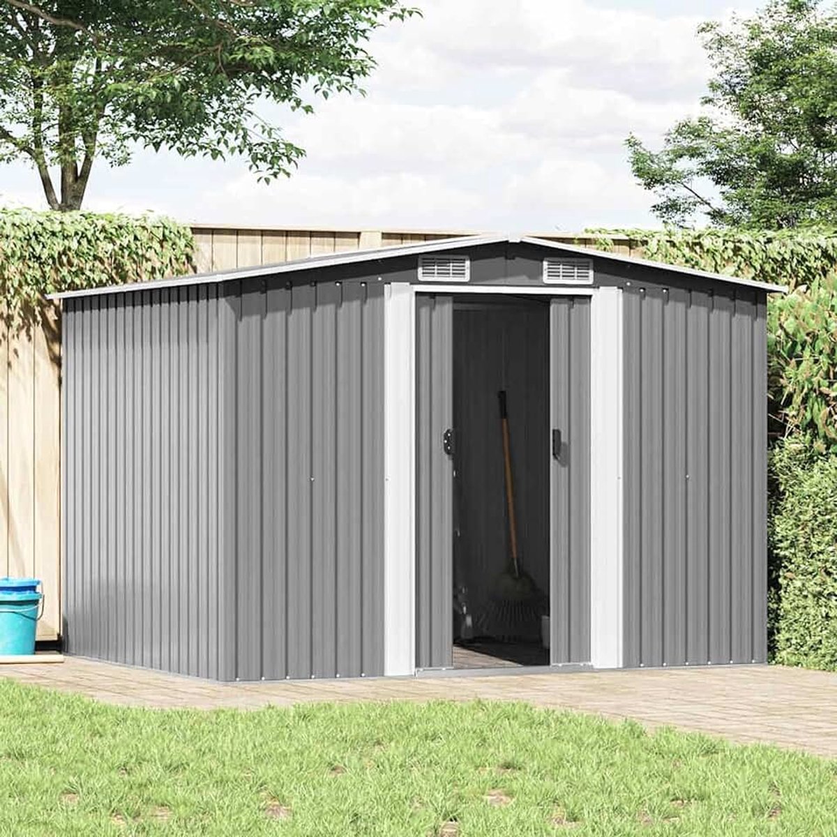 Grijs, metaal, 257 x 205 x 178 cm, met dubbele schuifdeuren en 4 ventilatieopeningen, gereedschapsschuur voor tuin, garage, erf, verzinkt staal