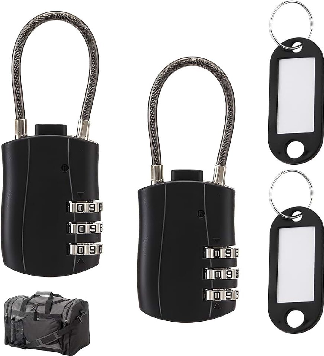 Bagagesloten, 3-cijferig hangslot met cijfercode 2 sleutelhangers, reiscombinaties, kabelsloten, TSA-goedgekeurd codeslot voor reiskoffer, bagagetas, etui enz. (zwart)