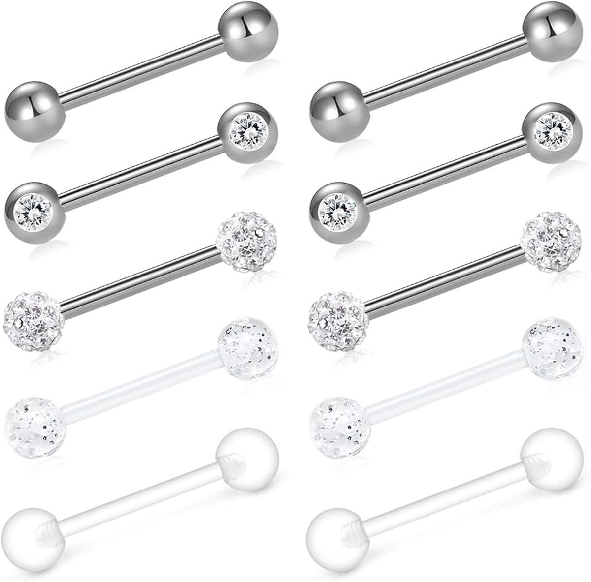 10-delige tongpiercingset van roestvrij staal, bioflex glitter, tongpiercing, barbell