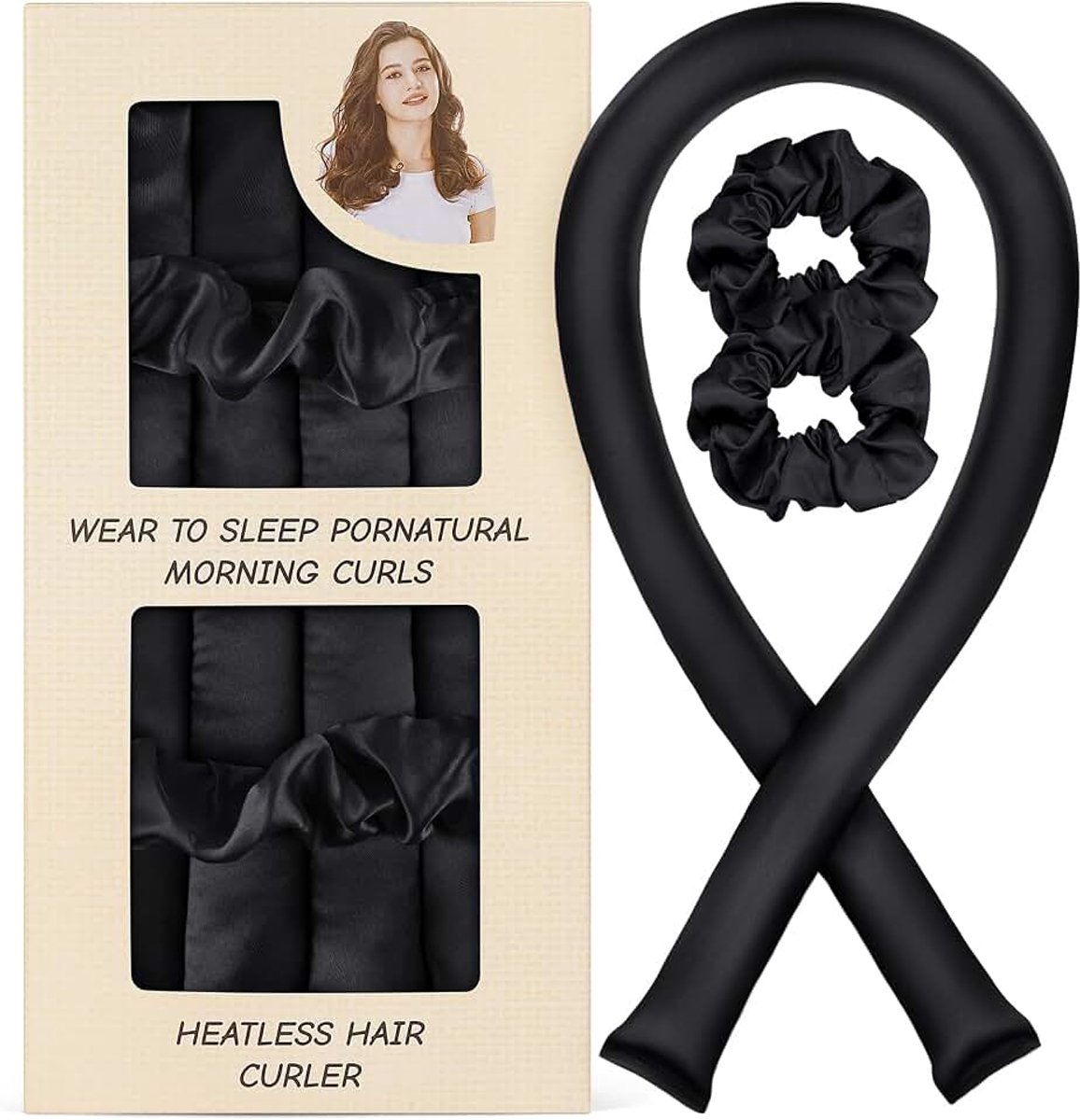Rizador sin Calor Boudin voor haar, 100 cm, 3 stuks, hittevrij, van satijn, haarrollers voor lang en dik haar, Lazy Curler set slapen, krullen zonder beschadiging, zwart