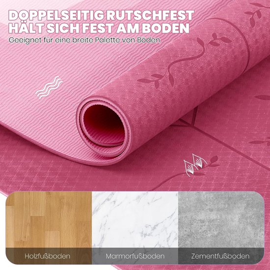 Yogamat - Sportmat Pilates - Thuis Fitness - Oriëntatielijnen Systeem - 183 x 61 cm - Roze van Yogamat — afbeelding 2