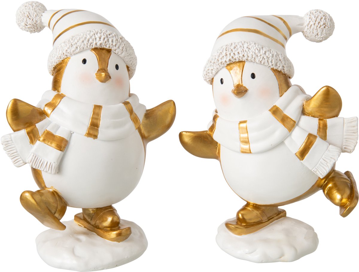 J-Line figuur Pinguïn Sjaal + Hoed - polyresin - wit/goud - large - 2 stuks