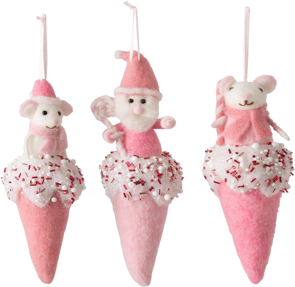 J-Line Hangend ijsje - wol - roze/wit - assortiment van 3