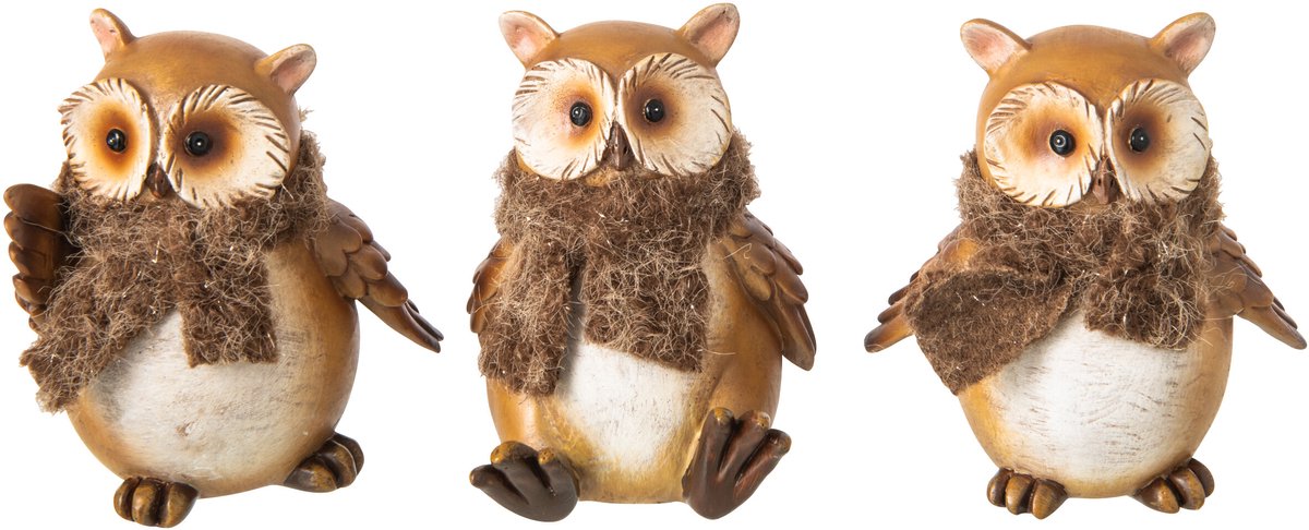 J-Line figuur Uil Sjaal - polyresin - beige/bruin - small - 3 stuks