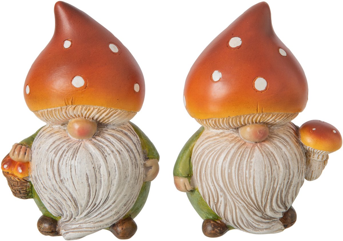 J-Line Kabouter met paddenstoel - polyresin - donkeroranje/groen - small - assortiment van 2