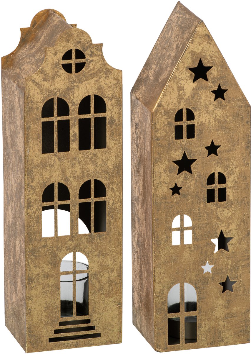 J-Line Windlicht huis - ijzer - goud - assortiment van 2