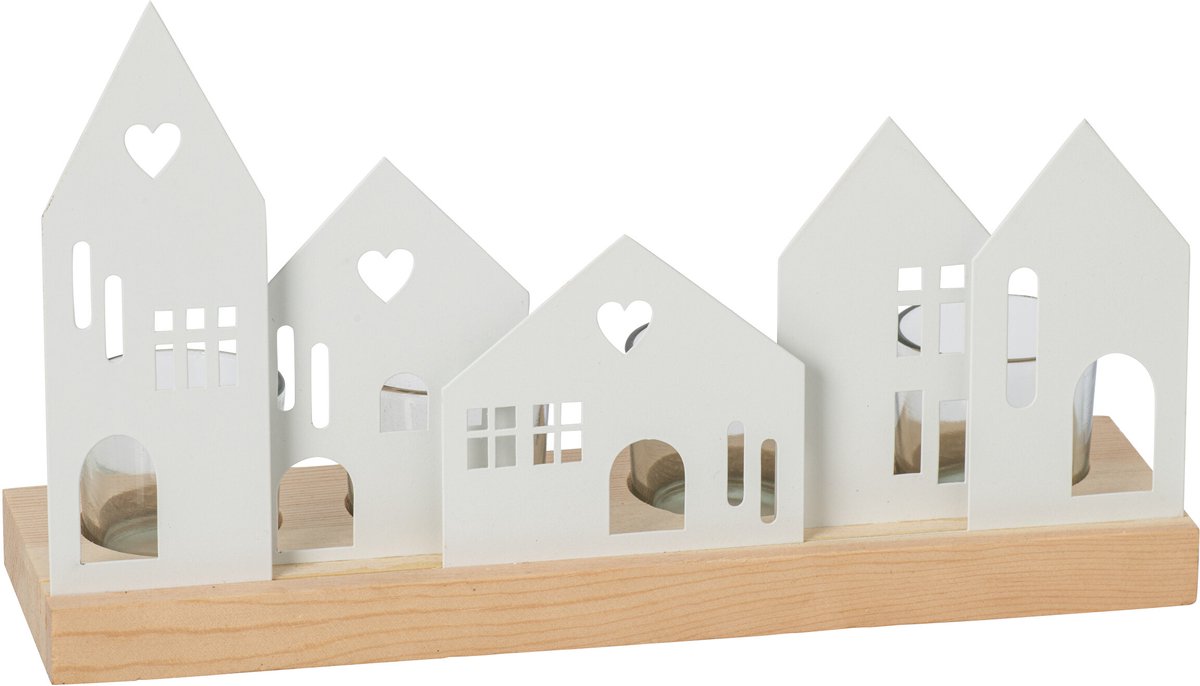 J-Line Windlicht met huizen - ijzer - wit - large