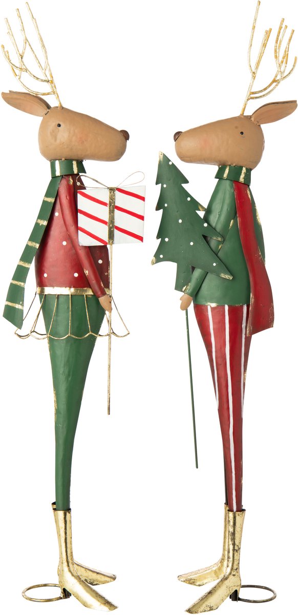 J-Line Rendier met dennenboom en cadeau - metaal - kerstrood/donkergroen - assortiment van 2
