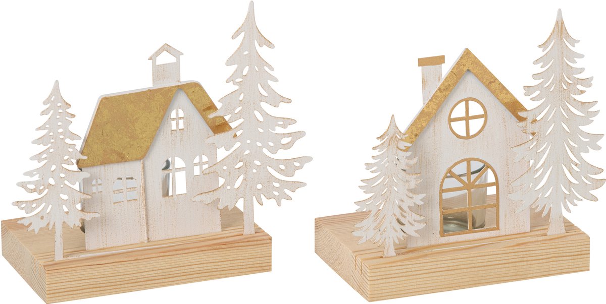 J-Line Windlicht huis en bomen - ijzer - wit/goud - assortiment van 2