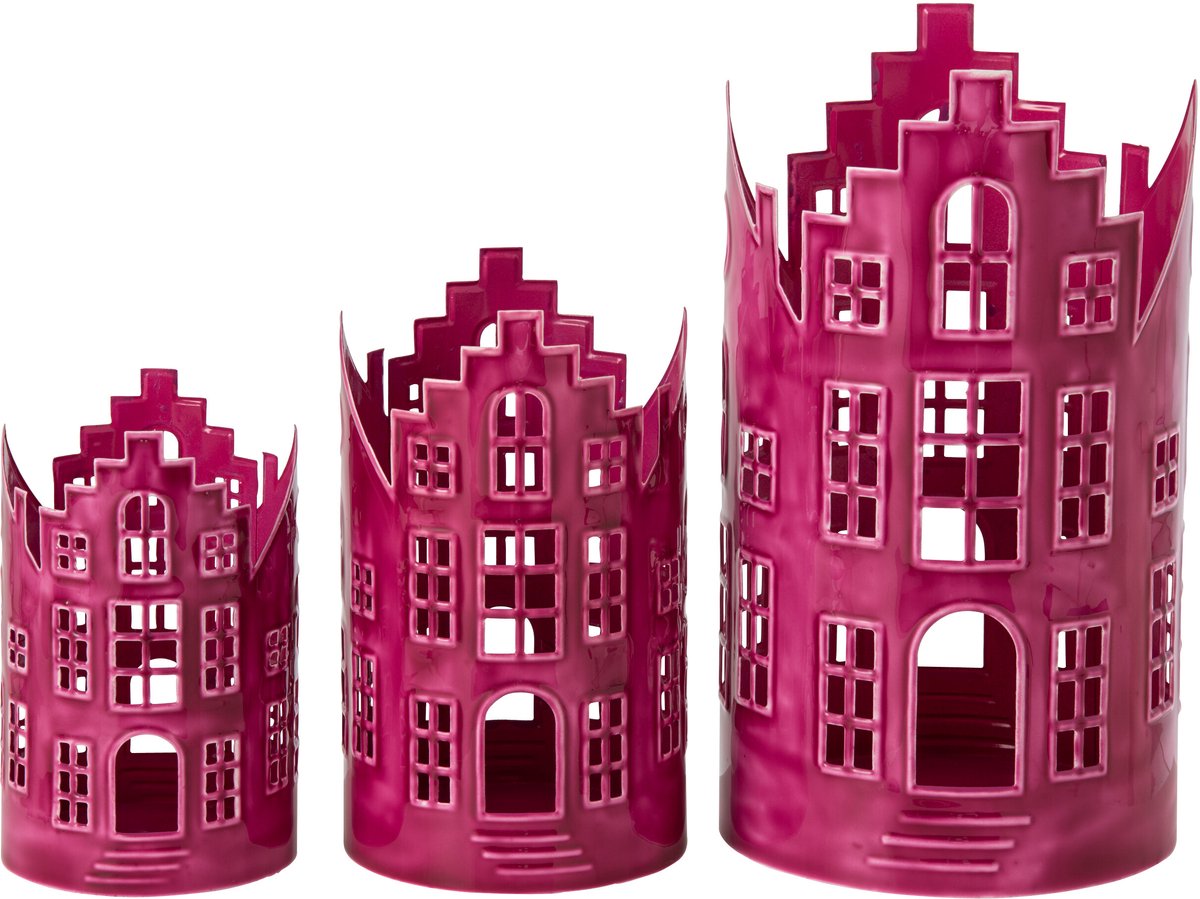 J-Line Huislantaarns - ijzer - fuchsia - set van 3